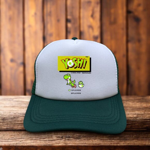 Yoshi Mens Trucker Hat Green Snapback Start Screen Retro 80s Video Game Ball Cap - Picture 1 of 4